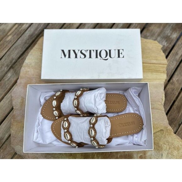 Mystique Cowrie Shells Rhinestones & Pearls Embellished Leather Sandals Size 10 - Picture 5 of 5
